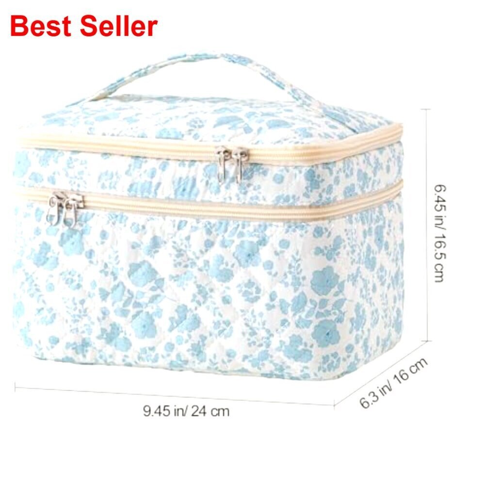 Large Quilted Cotton Makeup Bag with Handle, Travel Cosmetic Organizer - Picture 5 of 6
